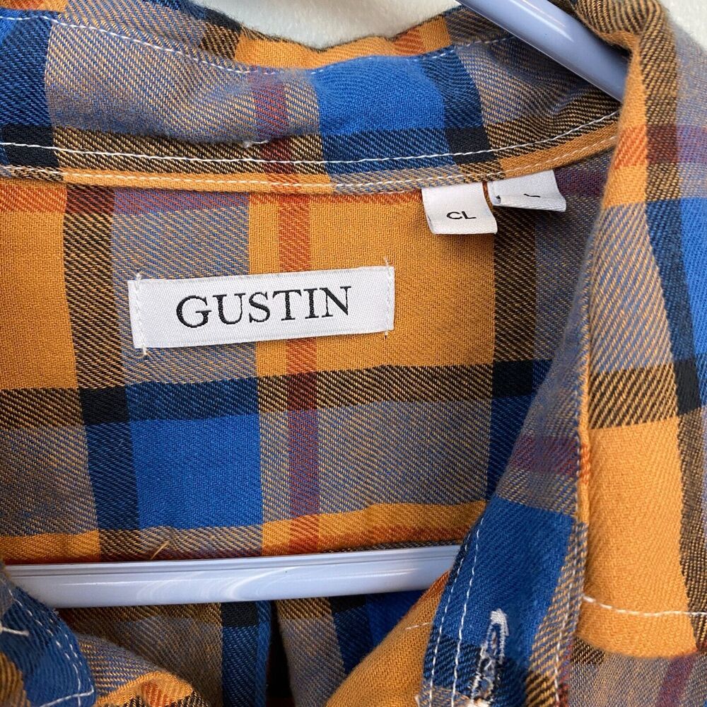 Gustin Shirt Mens L Orange Long Sleeve Button Flannel Plaid CL Missing Button - Picture 3 of 13